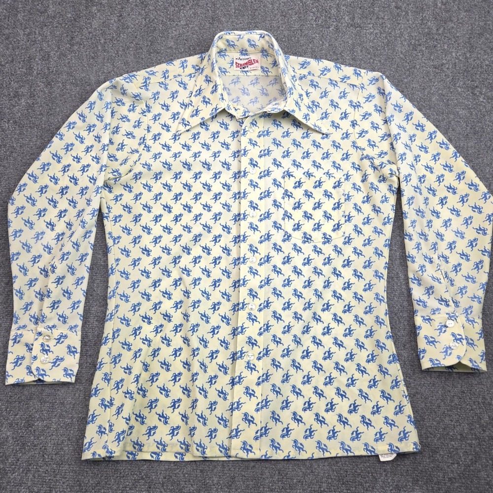 Vintage Arrow Scrambler Unicorn Print Shirt Mens L Cream Blue AOP 70s Disco
